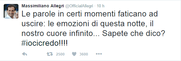 Il tweet post gara di Massimiliano Allegri ! Foto Twitter