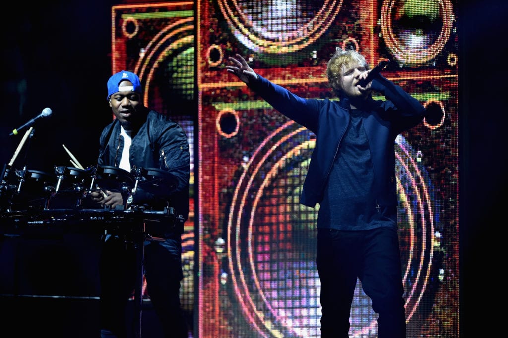 Ed Sheeran performs with DJ Locksmith of Rudimental during the MTV EMA's 2015 . (Photo by Brian Rasic/Getty Images for MTV)