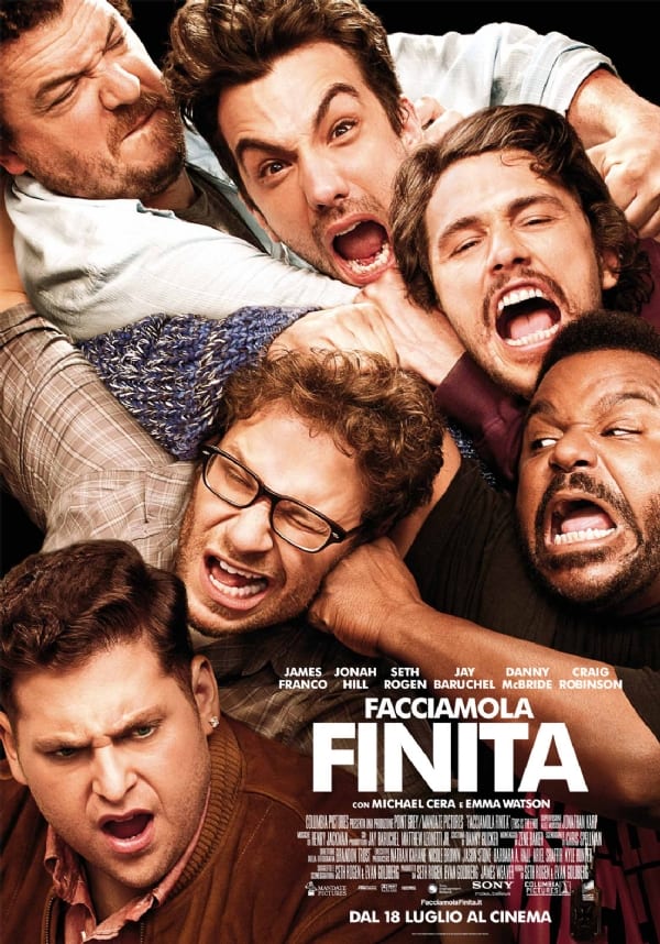 Il cast di Facciamola Finita nel poster italiano del film